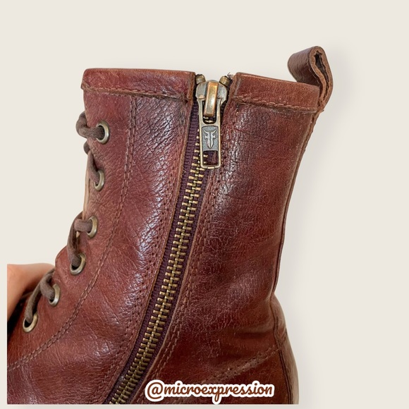 Frye Carson Lug Lace Up Brown Real Leather Combat Granny Pull On Cute Ankle Boot - Picture 10 of 13